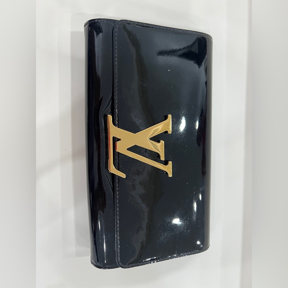Louis Vuitton Black Patent Clutch with Gold Logo